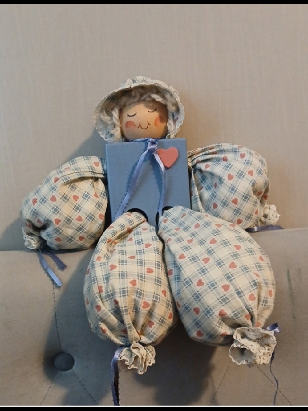 Handmade Cream & Blue Heart Patchwork Decorative Pillow Doll